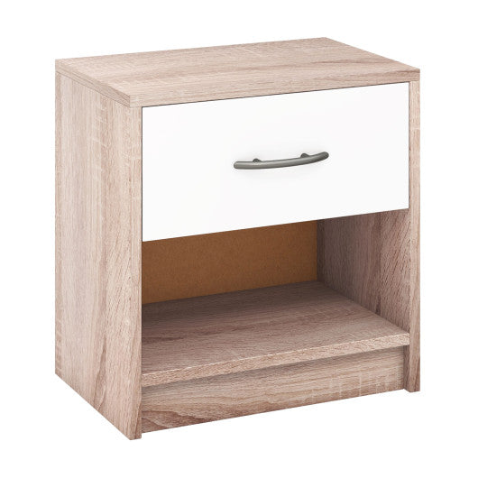 Bedside Table Nightstand with Drawer and Open Storage Shelf-Natural & White