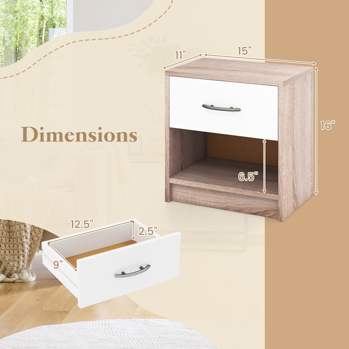 Bedside Table Nightstand with Drawer and Open Storage Shelf-Natural & White