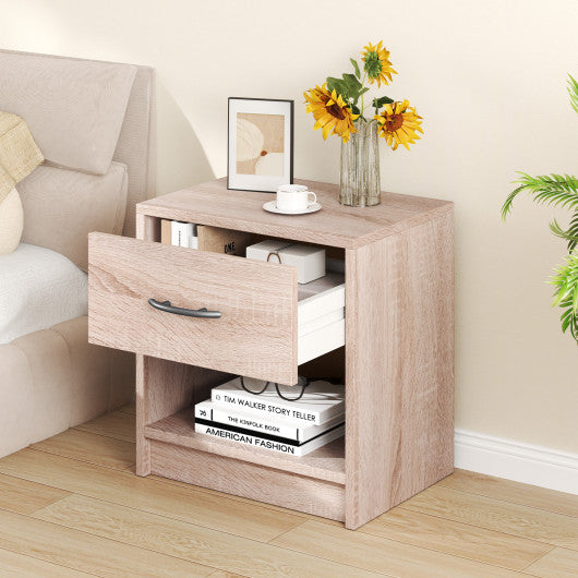Bedside Table Nightstand with Drawer and Open Storage Shelf-Natural