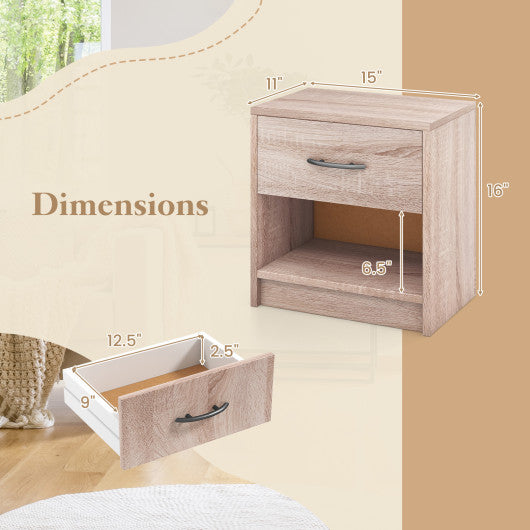Bedside Table Nightstand with Drawer and Open Storage Shelf-Natural