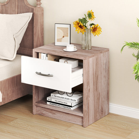 Bedside Table Nightstand with Drawer and Open Storage Shelf-Oak