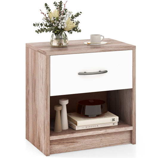 Bedside Table Nightstand with Drawer and Open Storage Shelf-Oak