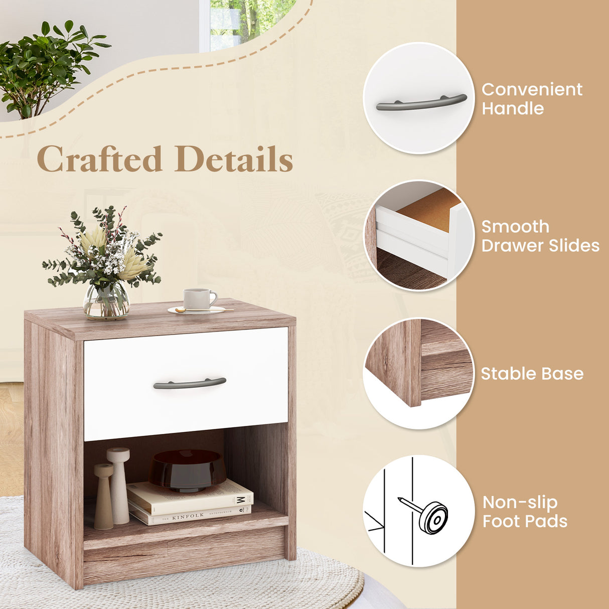 Bedside Table Nightstand with Drawer and Open Storage Shelf-Oak