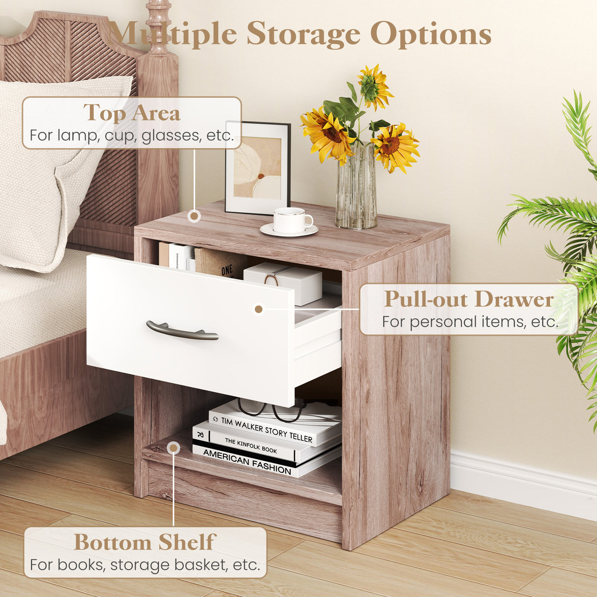 Bedside Table Nightstand with Drawer and Open Storage Shelf-Oak