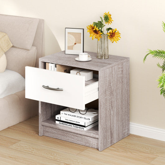 Bedside Table Nightstand with Drawer and Open Storage Shelf-Light Gray