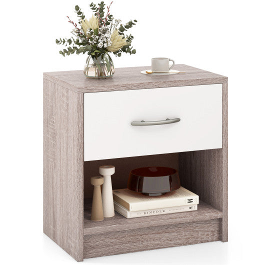 Bedside Table Nightstand with Drawer and Open Storage Shelf-Light Gray