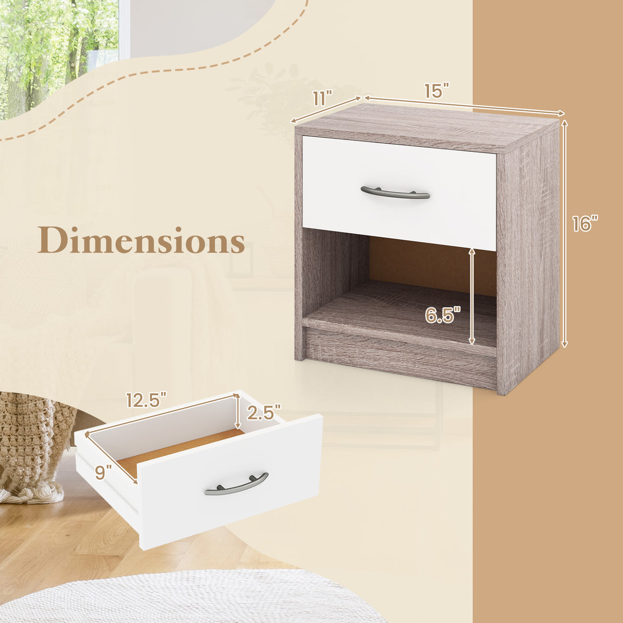 Bedside Table Nightstand with Drawer and Open Storage Shelf-Light Gray