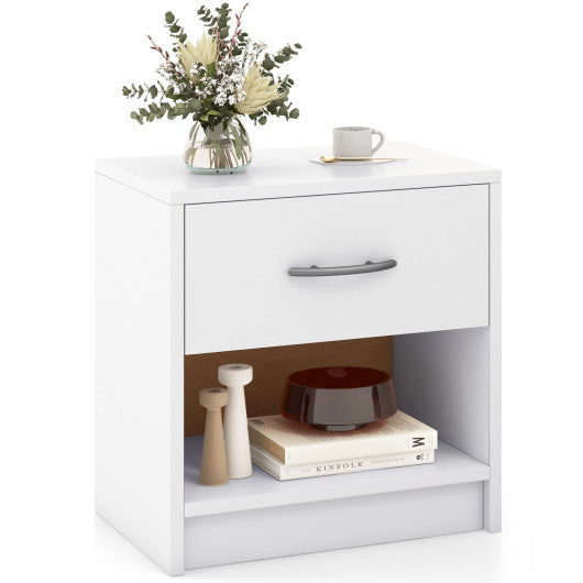 Bedside Table Nightstand with Drawer and Open Storage Shelf-White