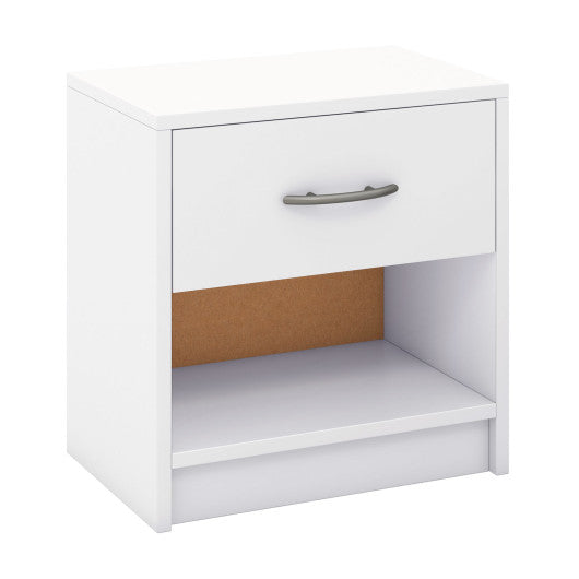 Bedside Table Nightstand with Drawer and Open Storage Shelf-White
