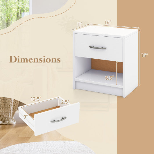 Bedside Table Nightstand with Drawer and Open Storage Shelf-White