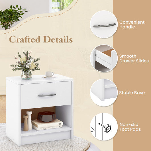 Bedside Table Nightstand with Drawer and Open Storage Shelf-White