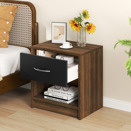 Bedside Table Nightstand with Drawer and Open Storage Shelf-Brown
