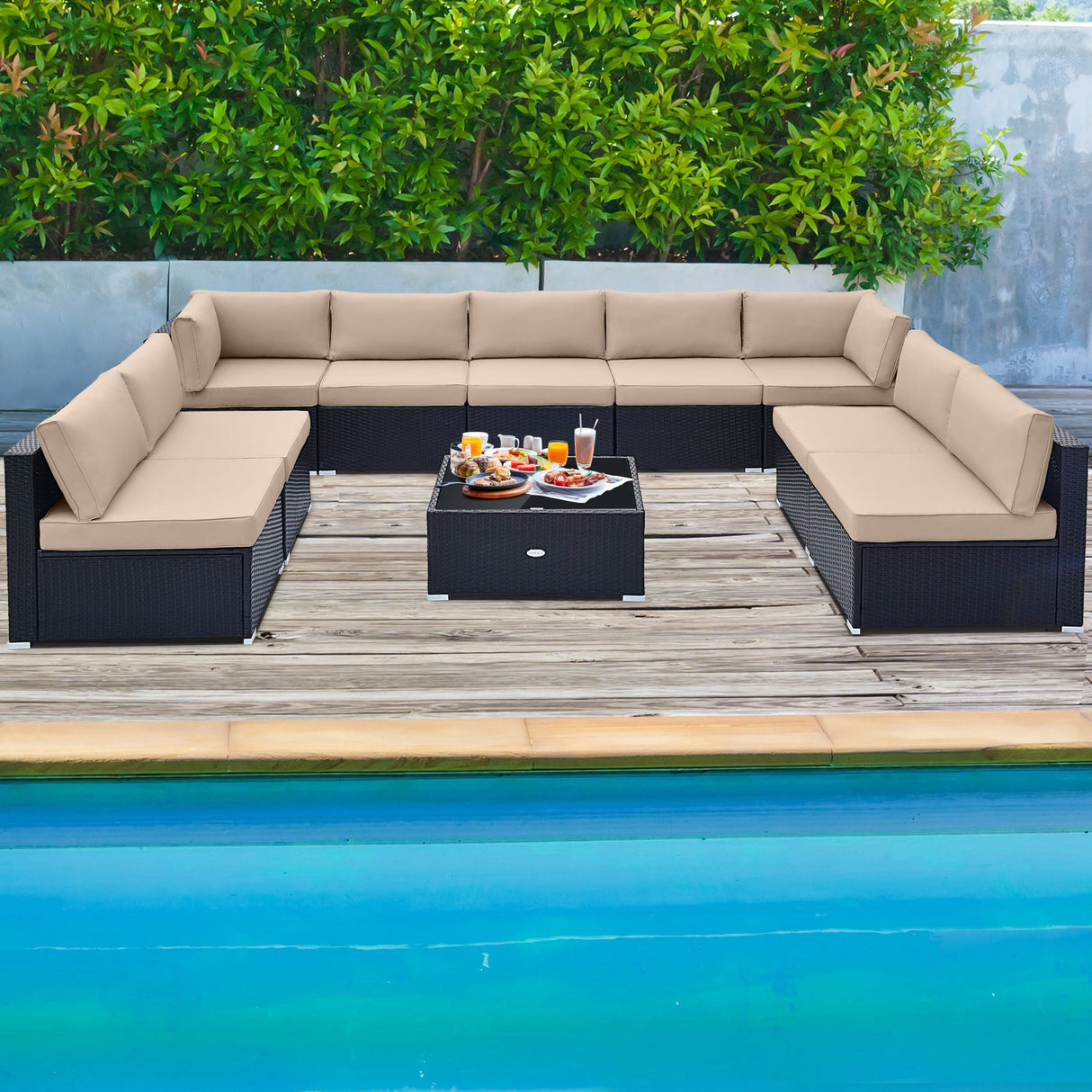10 Piece Outdoor Wicker Conversation Set with Seat and Back Cushions-Beige by DirectDeals