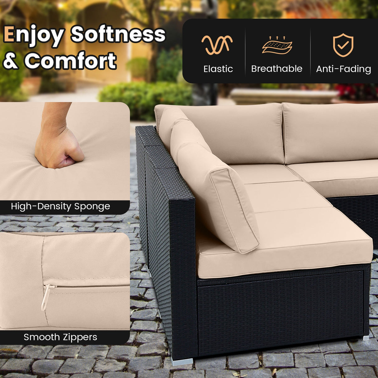 10 Piece Outdoor Wicker Conversation Set with Seat and Back Cushions-Beige by DirectDeals