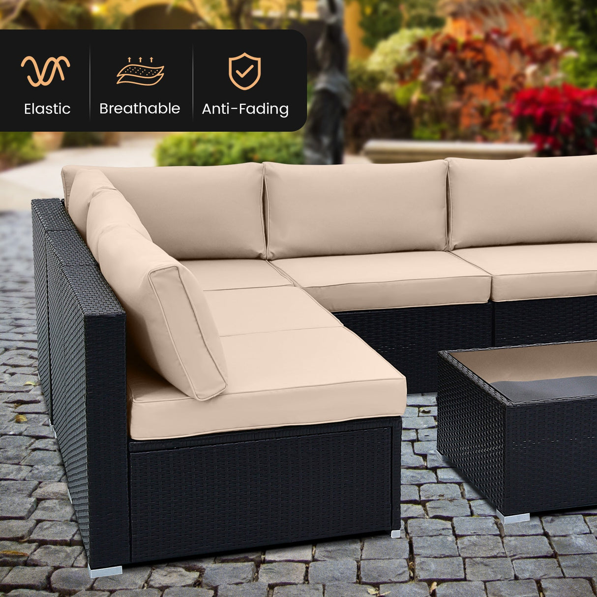 10 Piece Outdoor Wicker Conversation Set with Seat and Back Cushions-Beige by DirectDeals