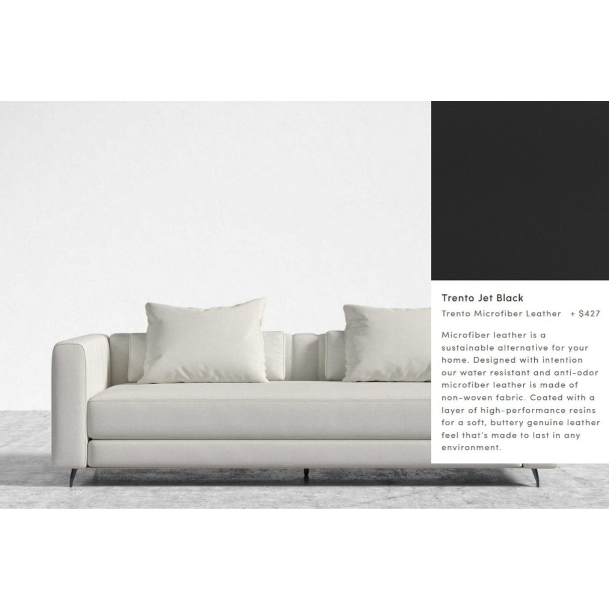 The Berlin Sleeper Sofa is a modern piece in light gray, featuring two large cushions against a minimalist backdrop. Made from sustainable Trento microfiber leather and designed for durability, it is priced at $427.