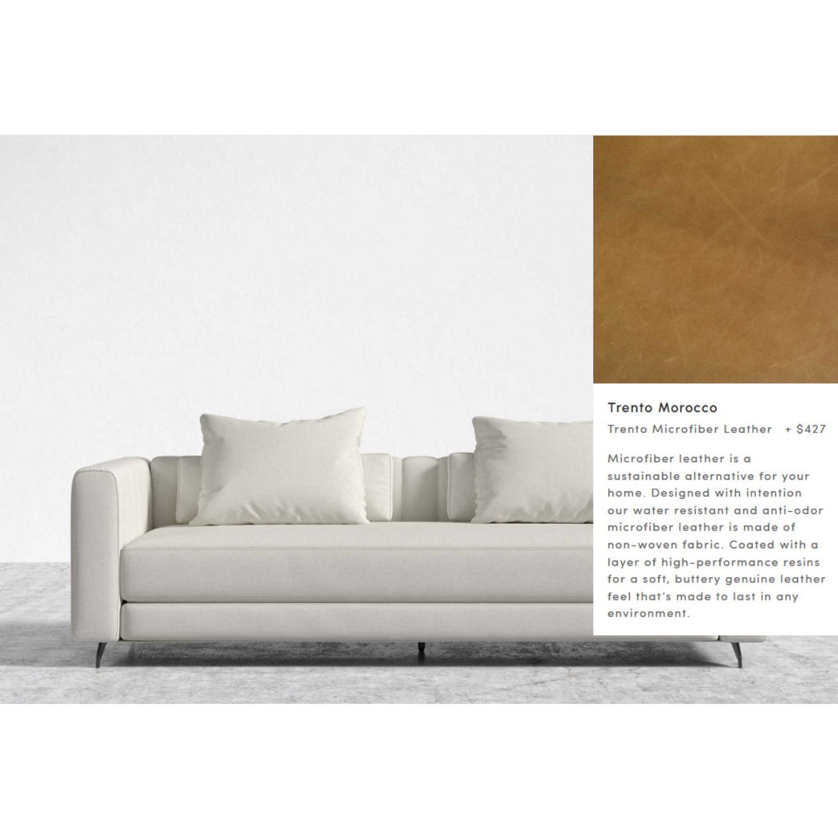 A minimalist room with a white Berlin Sleeper Sofa and matching cushions is displayed against a white background. A text box describes the "Trento Morocco" microfiber leather fabric, highlighting its sustainability, durability, and soft texture.