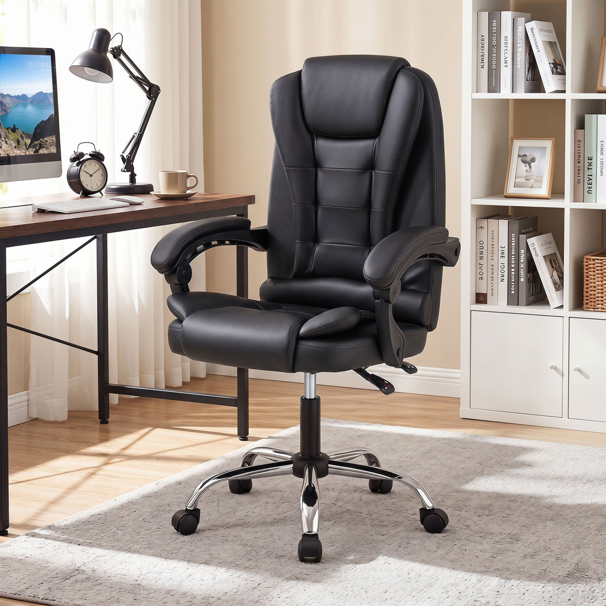 Big High Back Executive Chair with Linkage Armrests and Leather Padded Seat for Office-Black