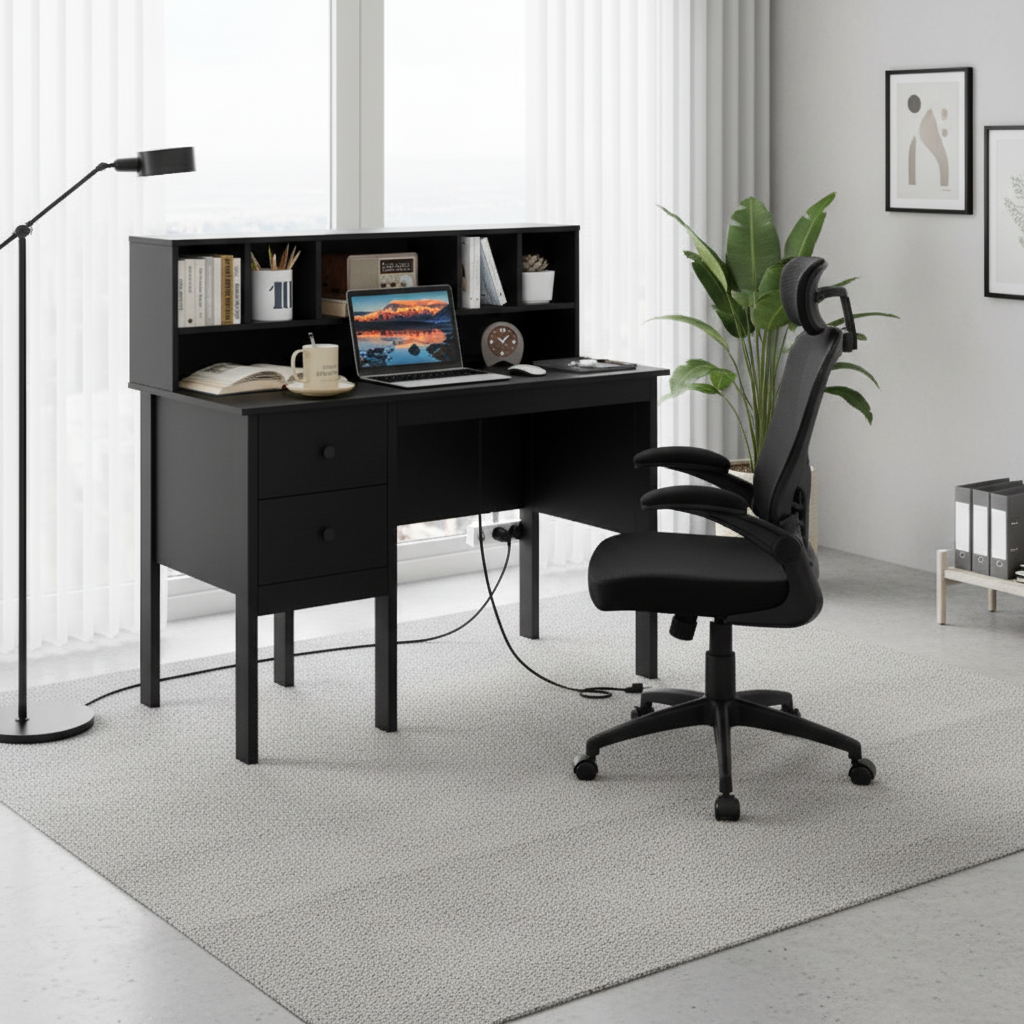Black 48 inch Computer Desk and Ergonomic Mesh Office Chair Bundle for Home Office