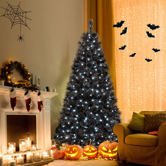 6/7/8 Feet Black Artificial Halloween Christmas Tree with PVC Branch Tips and 210/320/450 Cool White LED Lights-M
