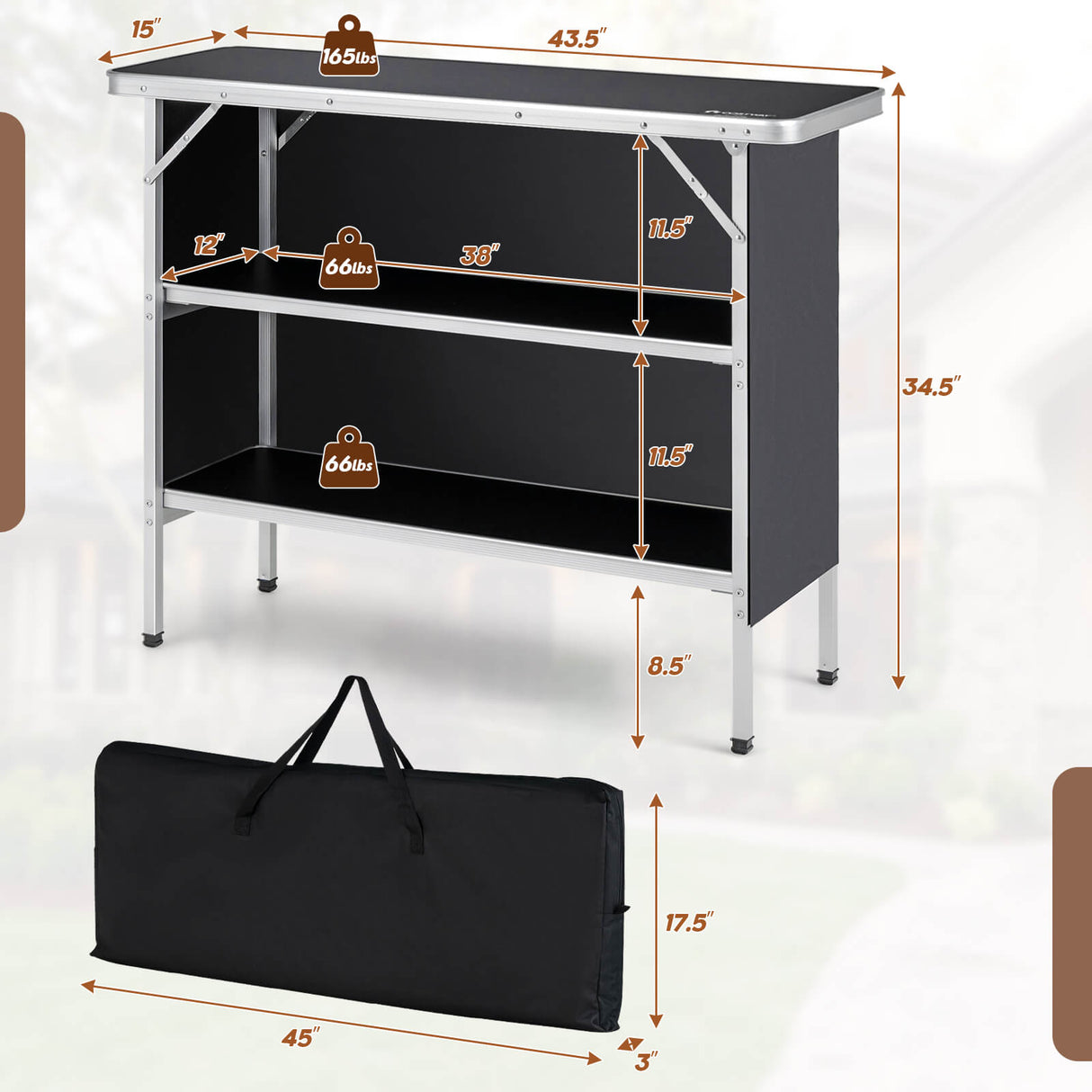 Folding Camping Table with 2-Tier Open Shelves for Outdoor BBQ-Coffee