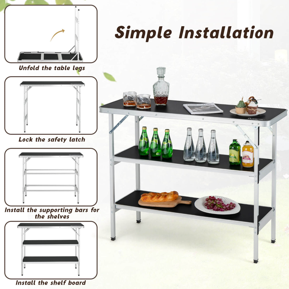 Folding Camping Table with 2-Tier Open Shelves for Outdoor BBQ-Coffee