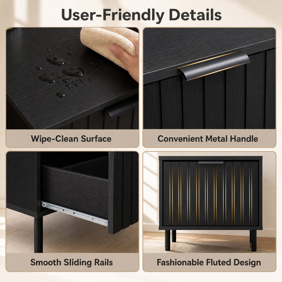 Black Modern Nightstand with Vertical-Striped Storage Drawer-Black