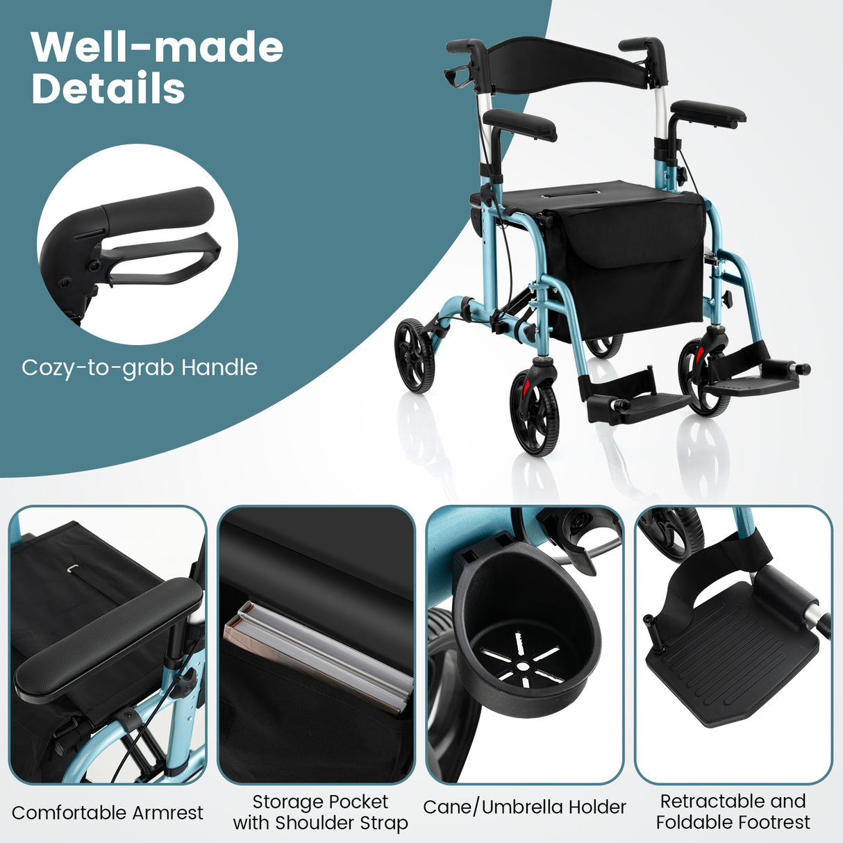Folding Rollator Walker with Seat and Wheels Supports up to 300 lbs-Black