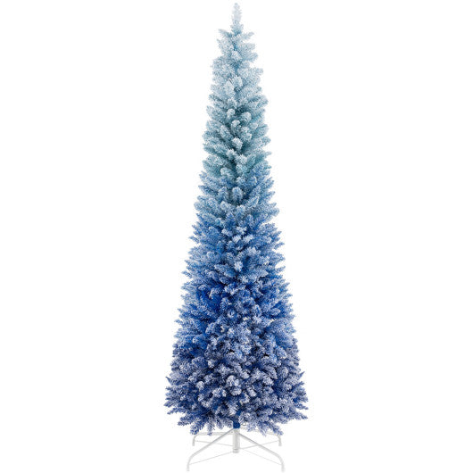 7 Feet Blue Gradient Snow Flocked Artificial Christmas Tree-Blue