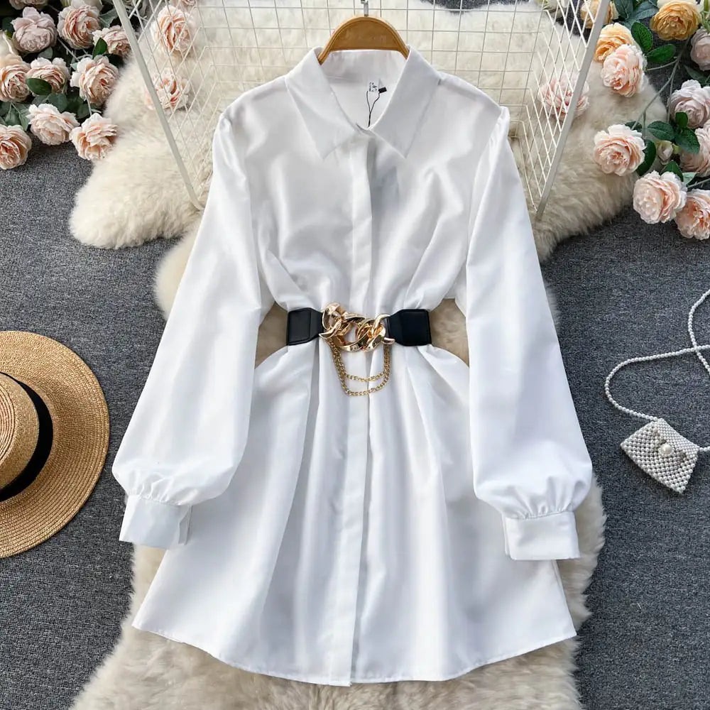 Metal Buckle White Dress Shirt