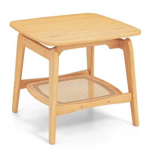 Boho Bamboo Sofa Side Table with Faux Rattan Storage Shelf-Natural