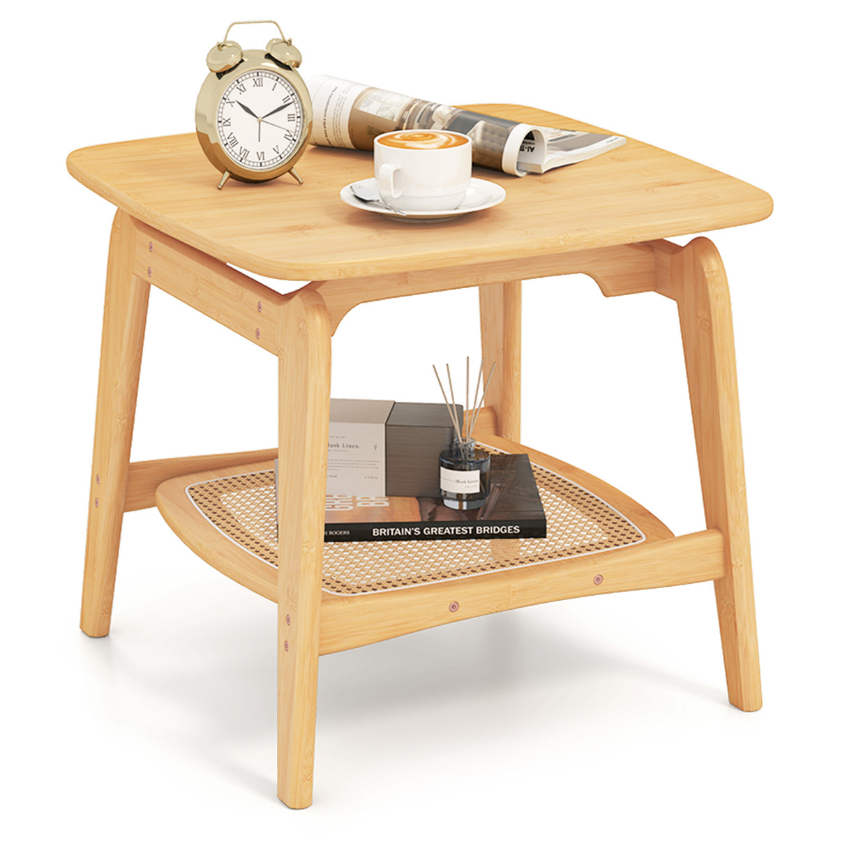 Boho Bamboo Sofa Side Table with Faux Rattan Storage Shelf-Natural