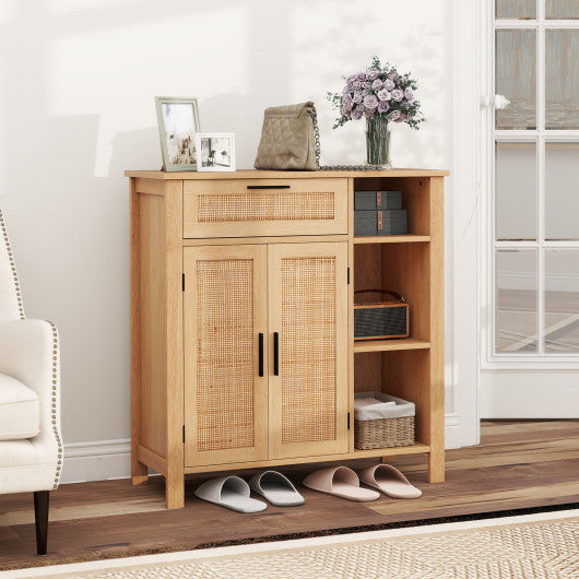 Boho Buffet Sideboard Storage Cabinet with Drawer and Rattan Woven Doors-Natural