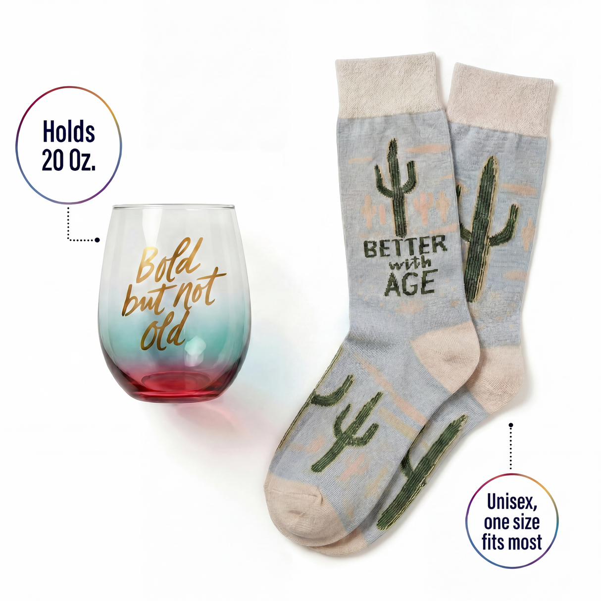 Bold But Not Old Gift Set | Wine Glass & Better with Age Socks in Gift Bag | Ready to Gift!