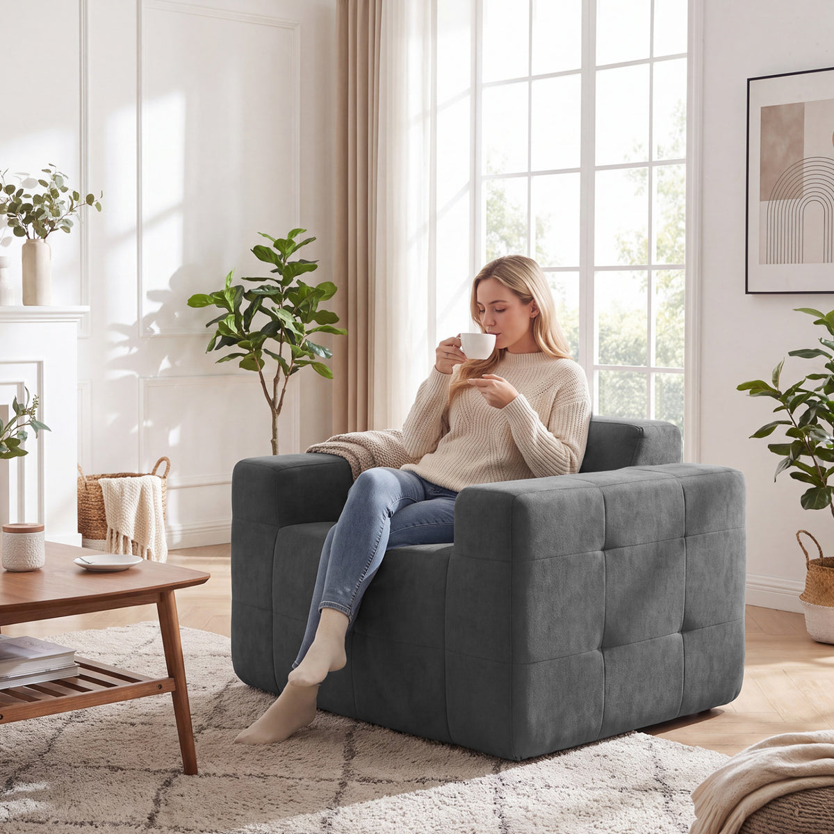 Boneless Single Sofa Chair Cloud Sofa with Terry Cloth Upholstery-Grey