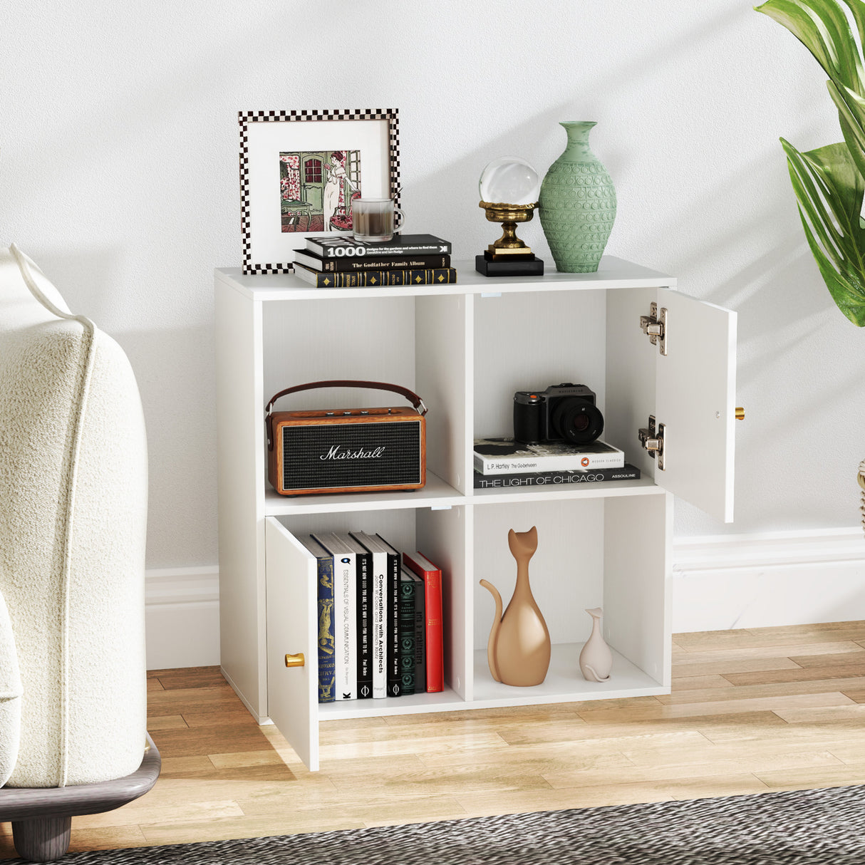 4-Cube Bookcase 3-Tier Bookshelf with Dual Anti-Tipping Kits and 2 Cabinets-White