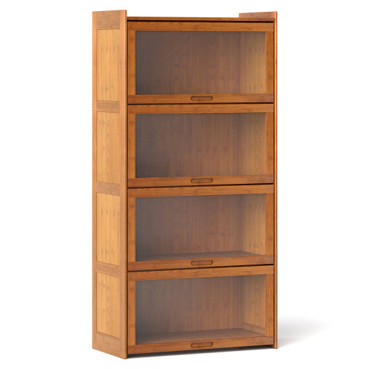4-Tier Bamboo Bookcase with Doors for Study Room Living Room-Brown