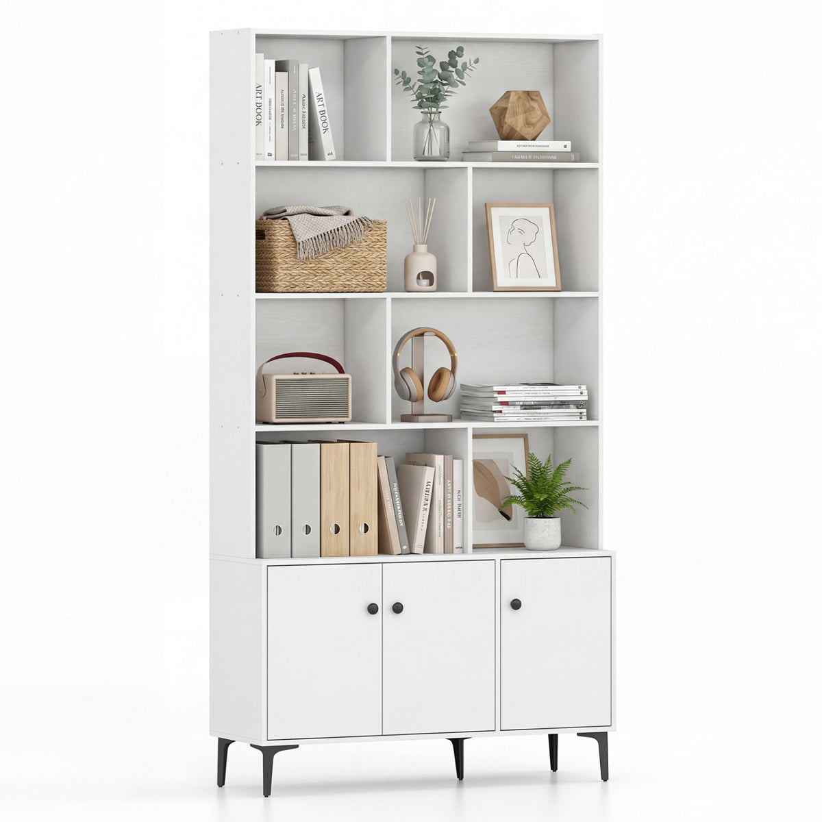 Bookshelf with 3 Doors and 2 Anti-Tipping Kits for Home Office-White