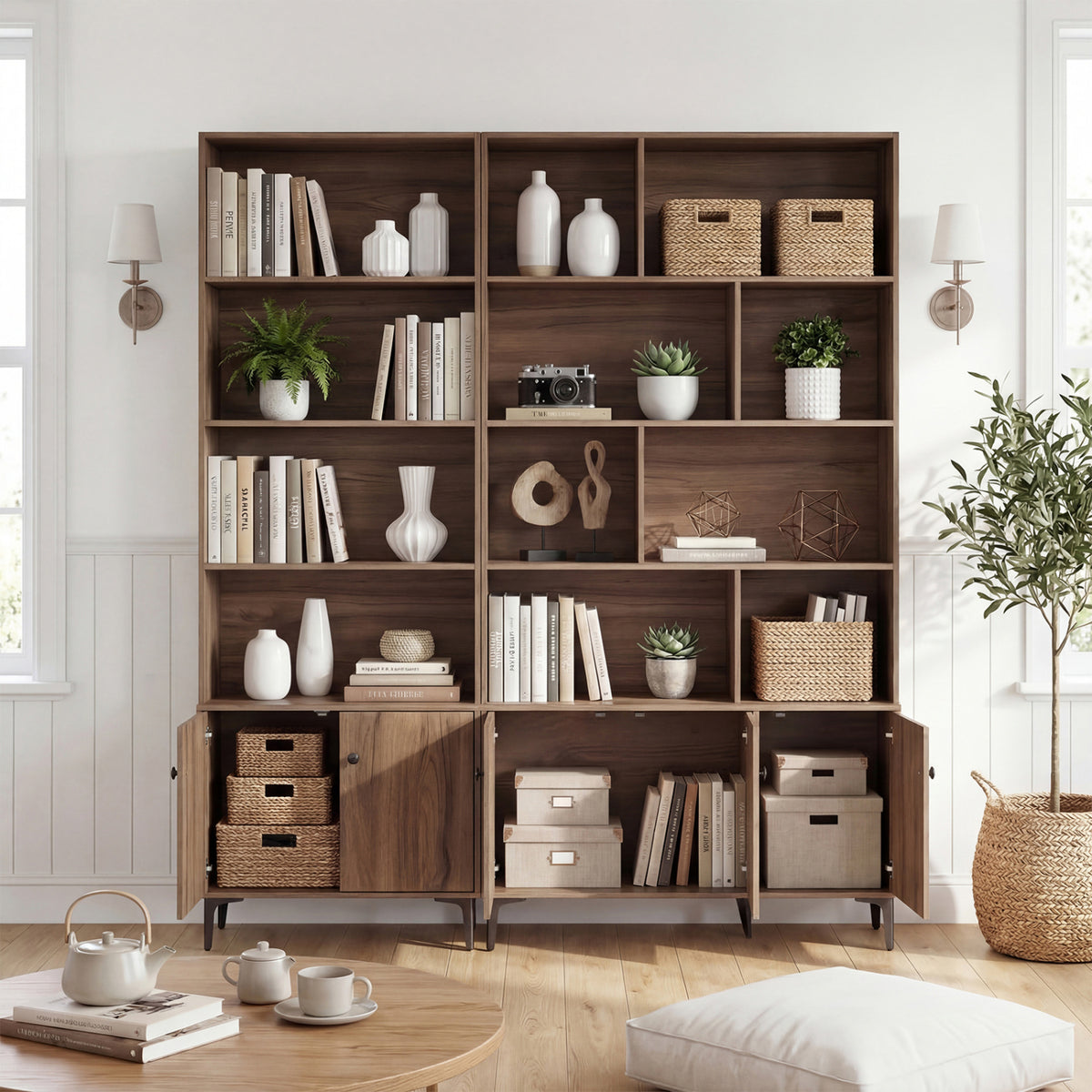 Bookshelf with 3 Doors and 2 Anti-Tipping Kits for Home Office-Walnut