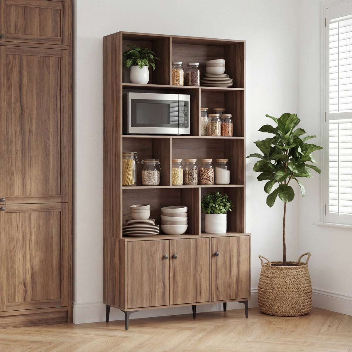 Bookshelf with 3 Doors and 2 Anti-Tipping Kits for Home Office-Walnut