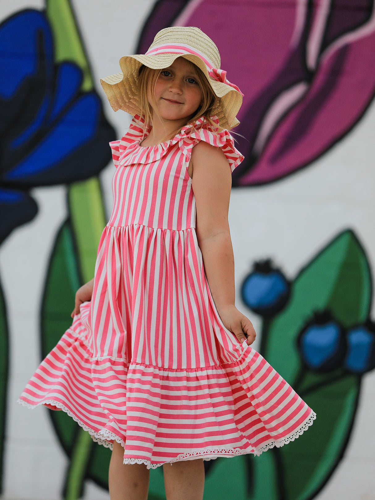 Spring Pink Striped Ruffled Girls' Dress with Hat