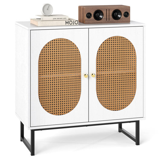Buffet Cabinet Rattan Storage Cabinet with 2 Doors and Adjustable Shelf-White