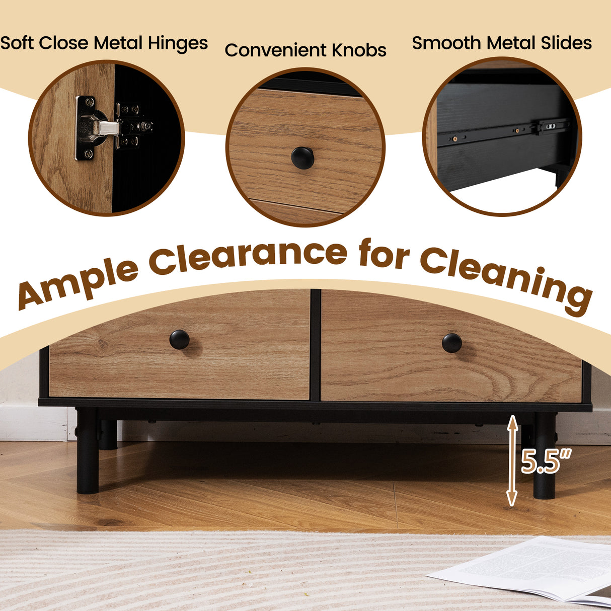 Buffet Sideboard Mid Century Modern Storage Cabinet with 4 Drawers and Open Compartment-Black