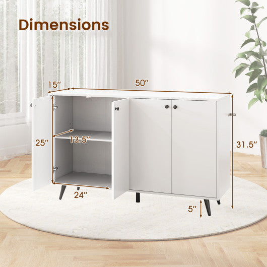 Buffet Sideboard Mid Century Modern Storage Cabinet with Adjustable Shelves-White