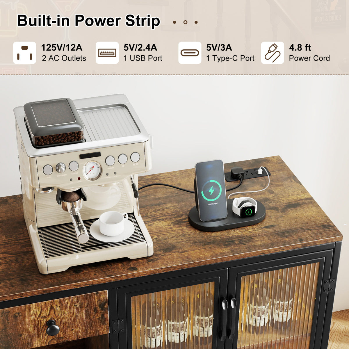 Buffet Sideboard with Doors Power Outlets and LED Light-Rustic Brown
