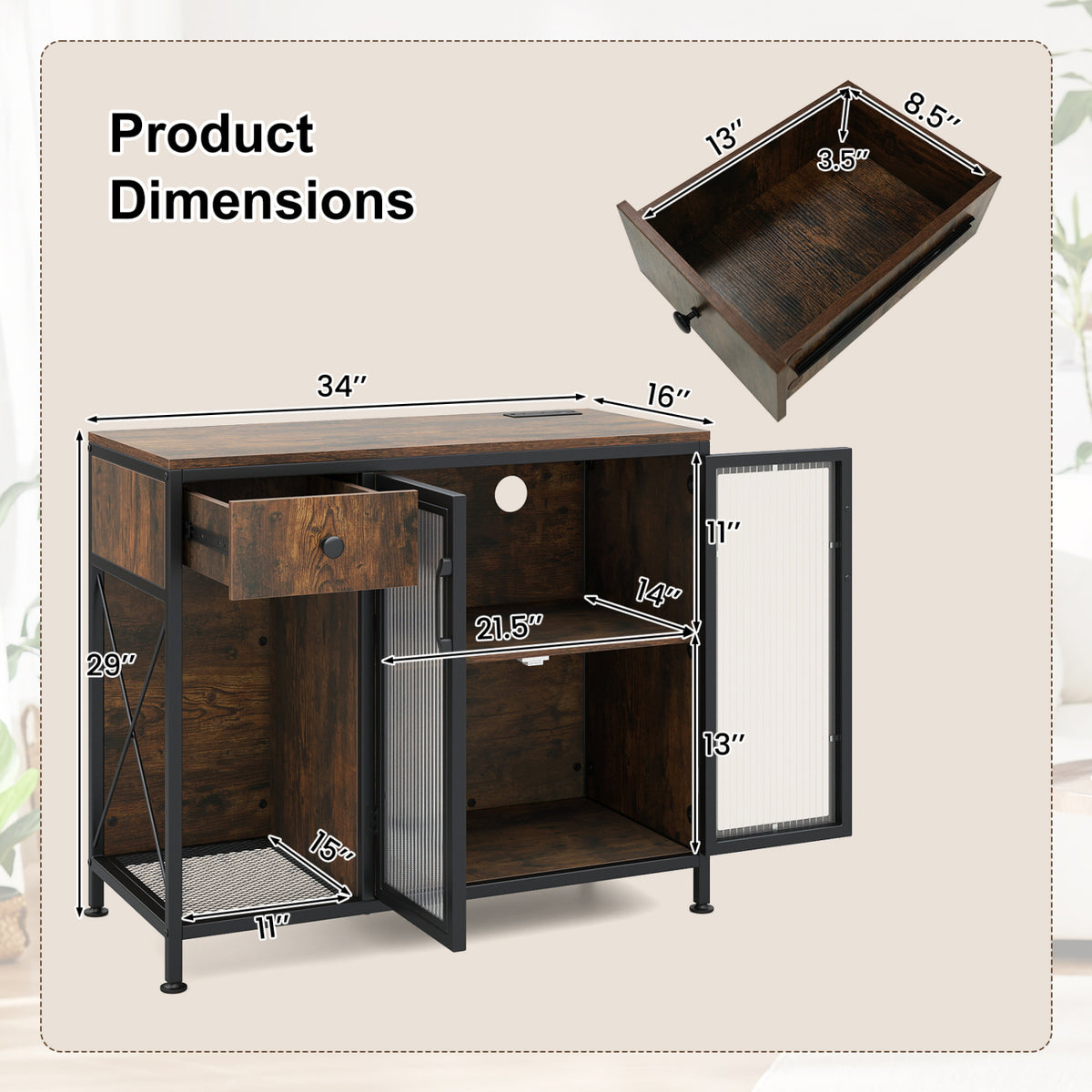 Buffet Sideboard with Doors Power Outlets and LED Light-Rustic Brown