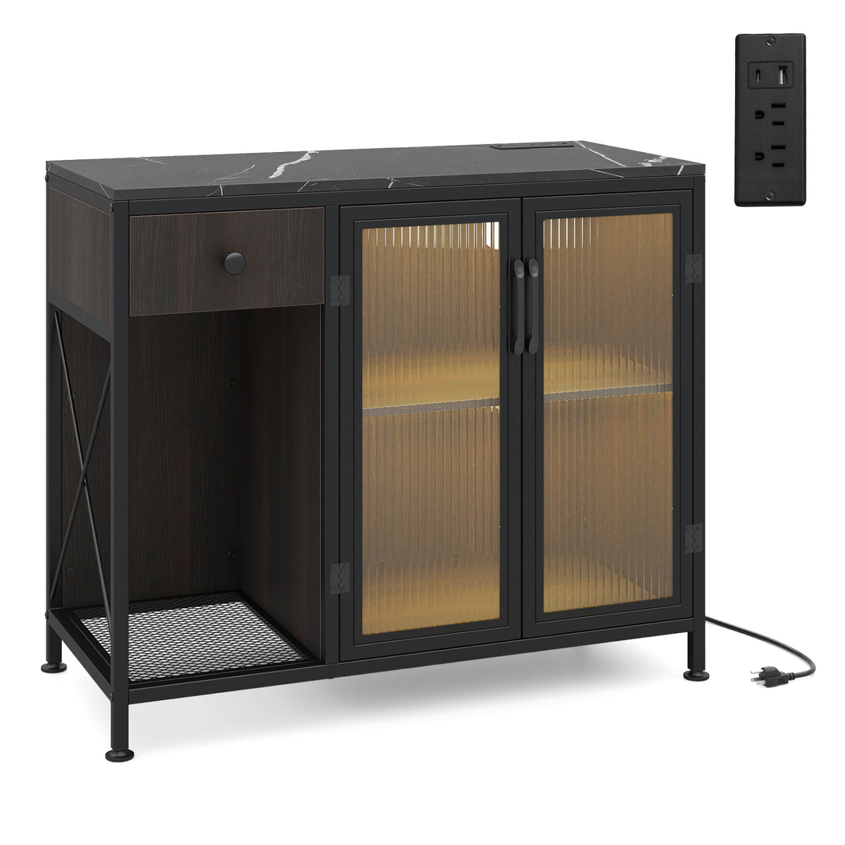 Buffet Sideboard with Doors Power Outlets and LED Light-Black