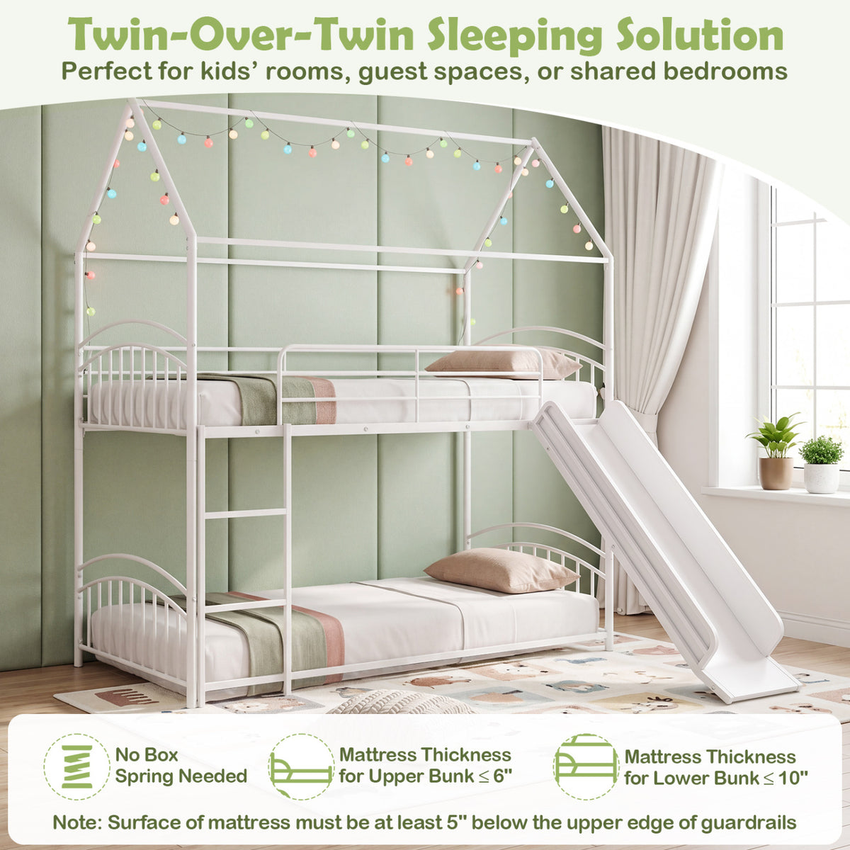 Bunk Bed Twin Over Twin House Bunk Bed Frame with Metal Slats-White