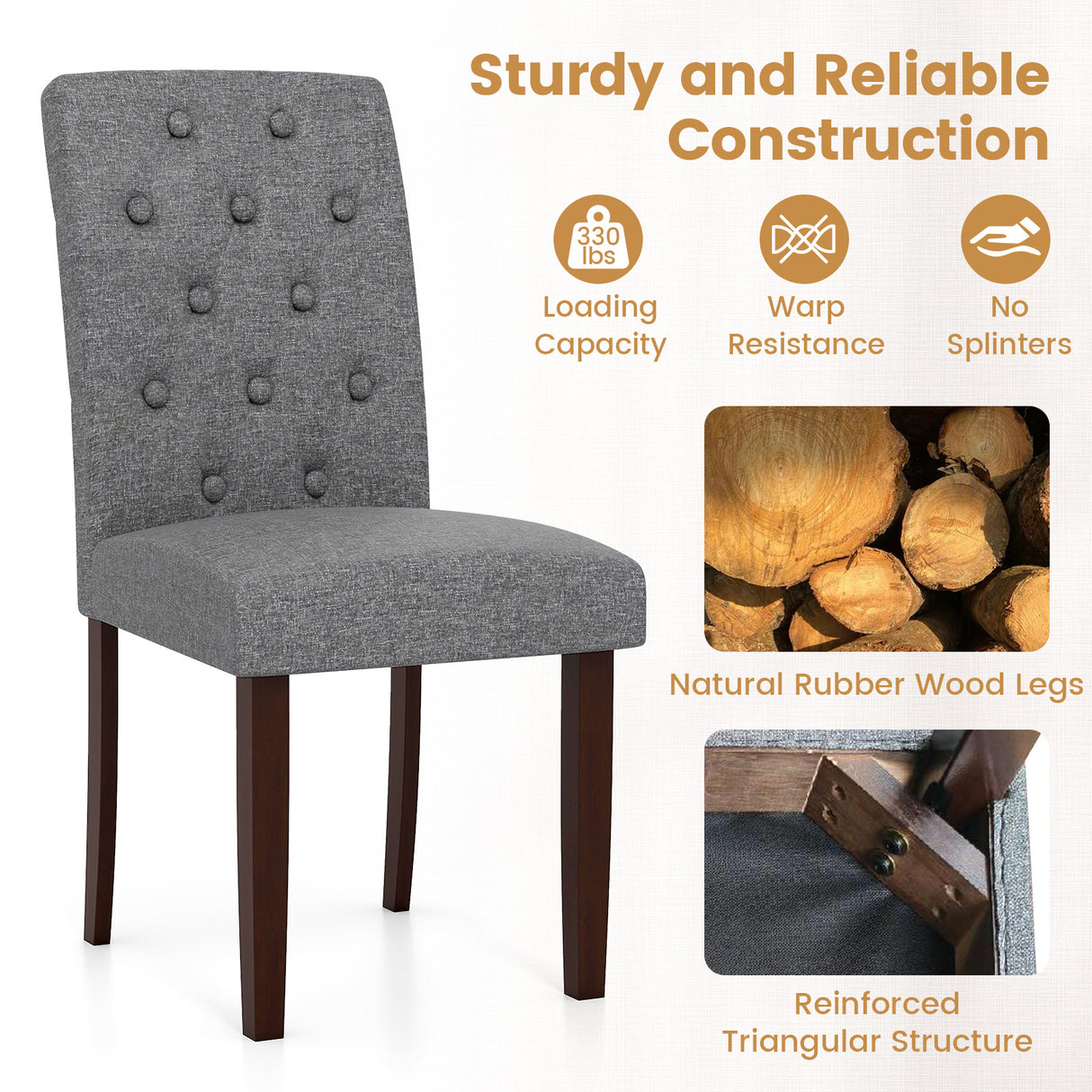 Button Tufted Fabric Upholstered Wooden Dining Chair Set of 2 with High Curved Back-Gray