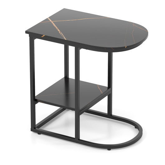 C-shaped Modern Sofa Side Table with Faux Marble Tabletop and Storage Shelf-Black